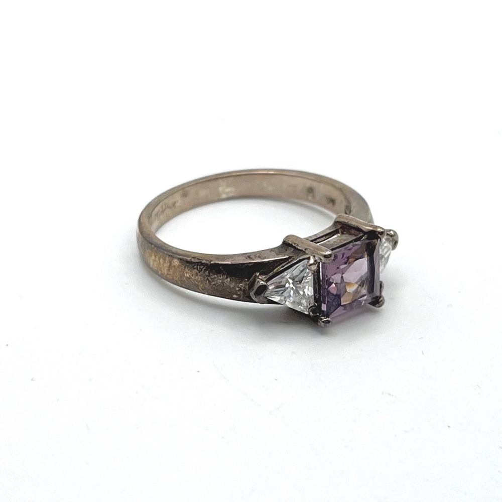 925 Sterling Silver Purple Princess Cut Trillion Three Stone Ring Size 8